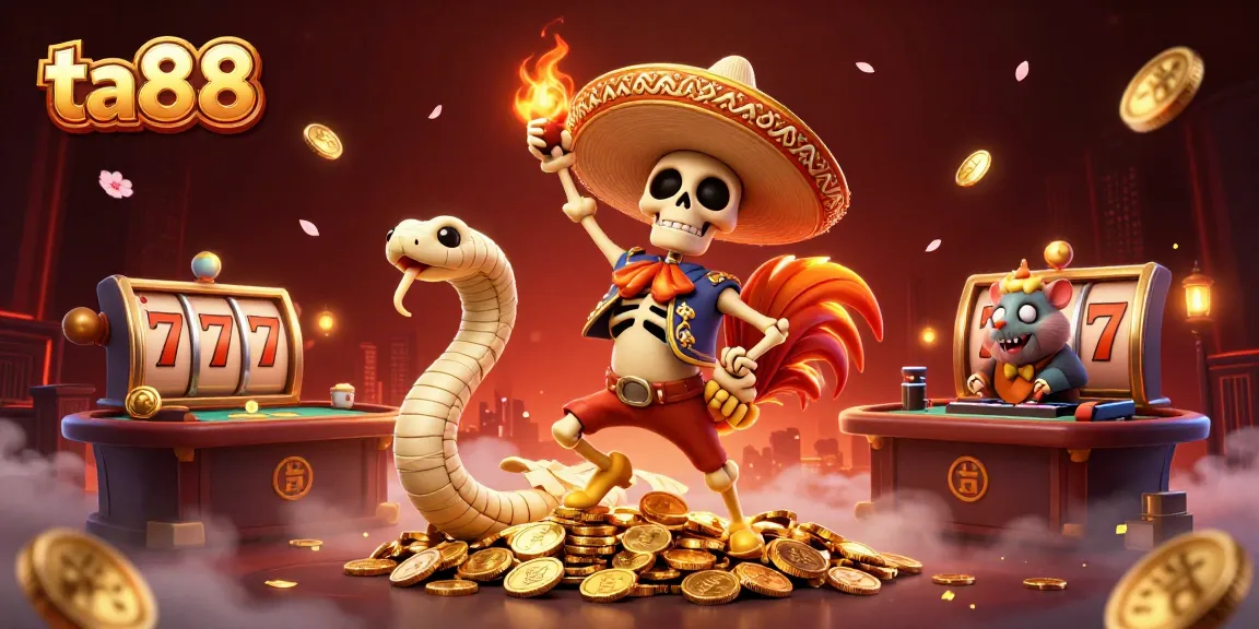 ta88's vibrant casino scene with a dancing mariachi rooster and a DJ hamster amidst poker and gold elements.