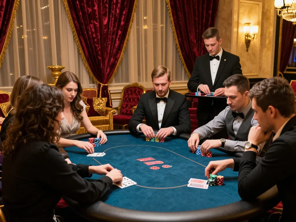 Engaged players at a high-stakes poker game in the VIP area of TOP88 casino.