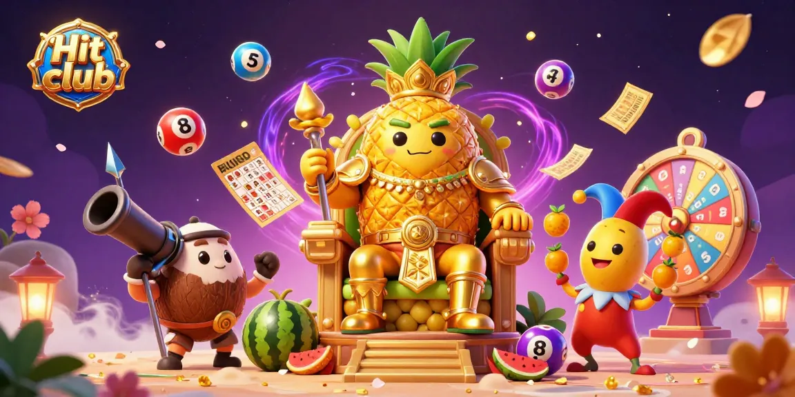 Hit club offers dynamic gaming with golden characters, colorful lottery balls, and exciting game visuals.