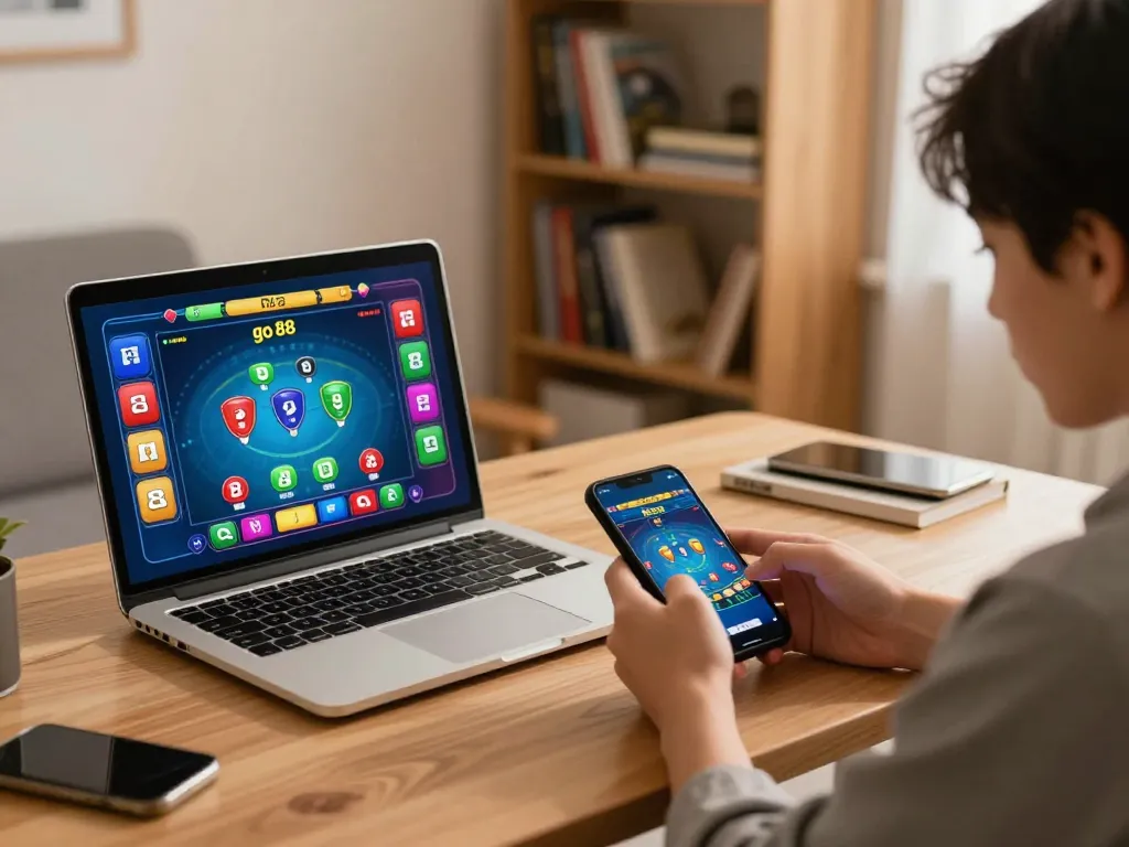 Player engaging with mobile gaming on go 88 platform in a cozy home office setting