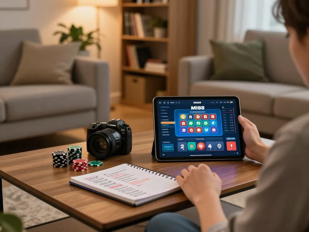 Player enjoying MI88 SLOT on tablet in cozy home setting, emphasizing relaxed online gaming.