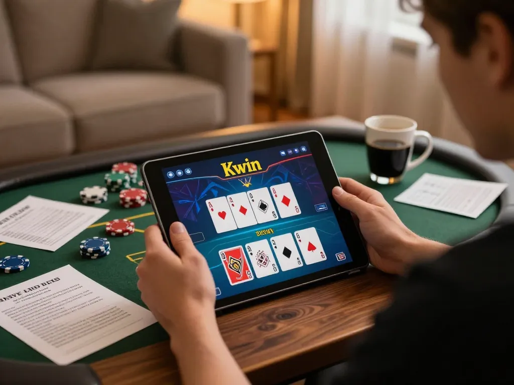 Kwin player engaging with a casino app during a home gaming session, showcasing strategic notes and cozy atmosphere.