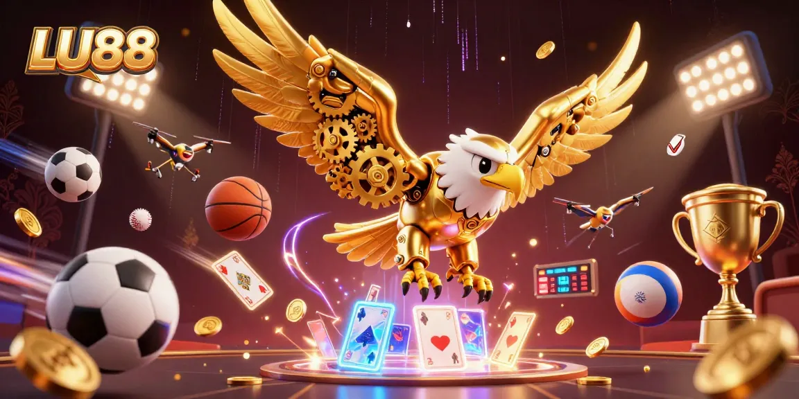 LU88 players unlocking games with a cybernetic eagle amidst dynamic casino energy and glowing elements.