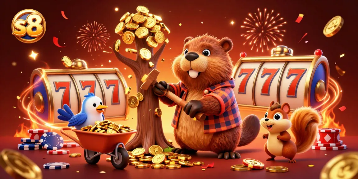 S8 online casino scene showcasing a beaver, bird, and squirrel collecting coins amidst vibrant slot game elements.