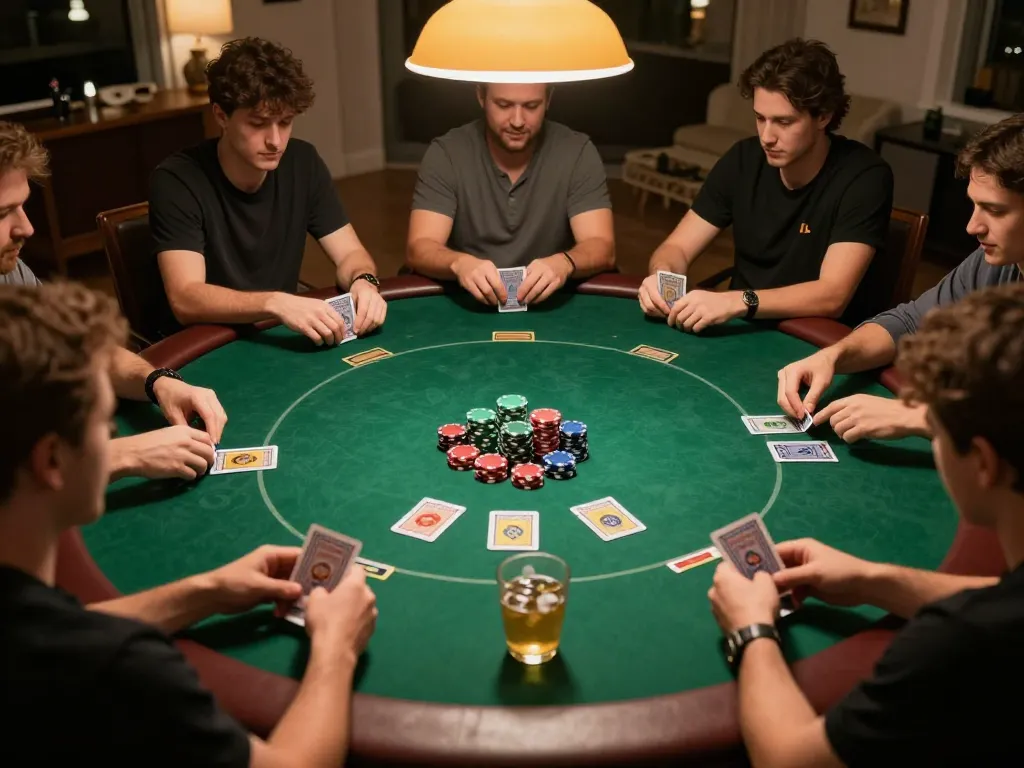 NHÀ CÁI 88AA players enjoying an exciting poker game, with chips and cards in a cozy setting.