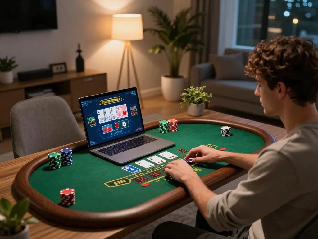 Player immersed in online blackjack gameplay at 88xx platform, dynamic gaming atmosphere.