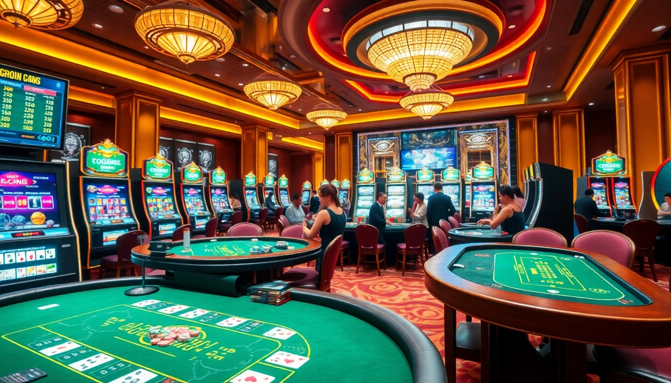 Engaging gaming experience at Trang Chủ QQ88 online casino with vibrant slot machines and poker tables.