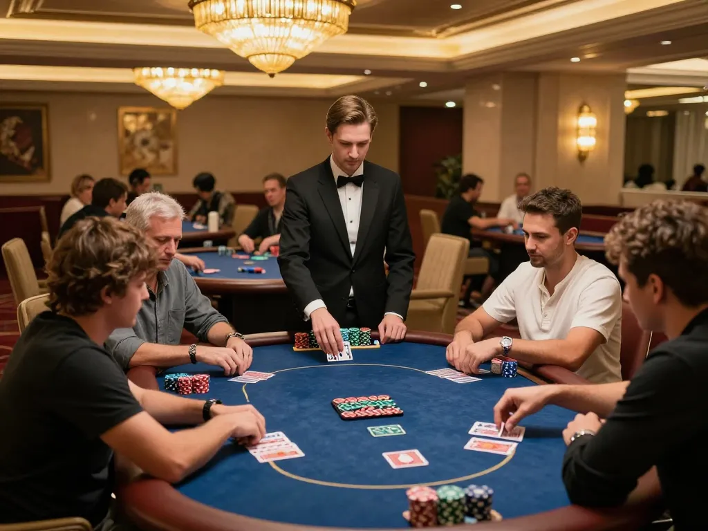 KJC engages players in high-stakes poker game at luxury casino VIP area with elegant decor.