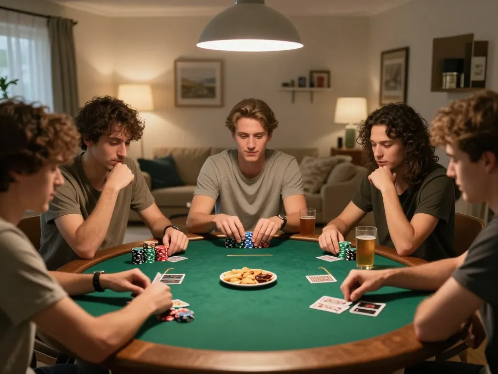 Gathering around the table playing poker, friends enjoying QQ88 Com gaming experience