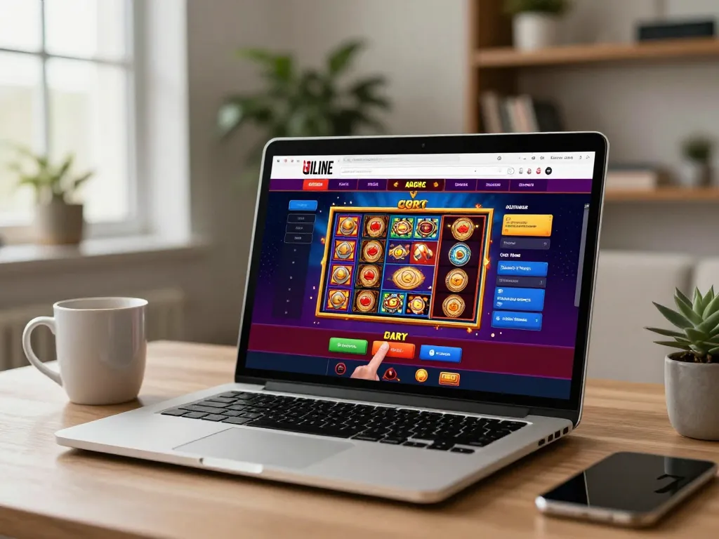 Engaging with the RED88 online casino on a laptop at home, showcasing vibrant games and user interaction.