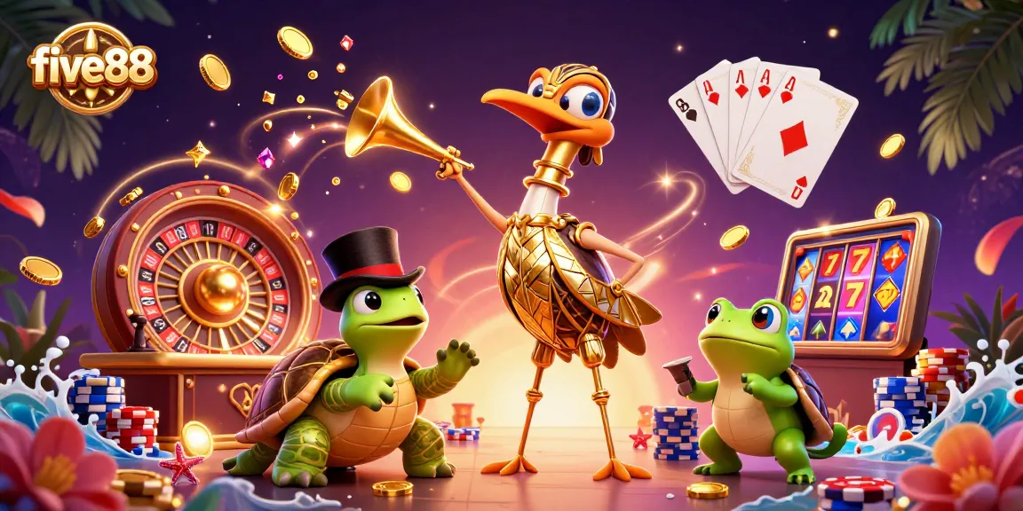Experience the thrilling world of five88 with a vibrant casino-themed illustration showcasing gaming excitement.