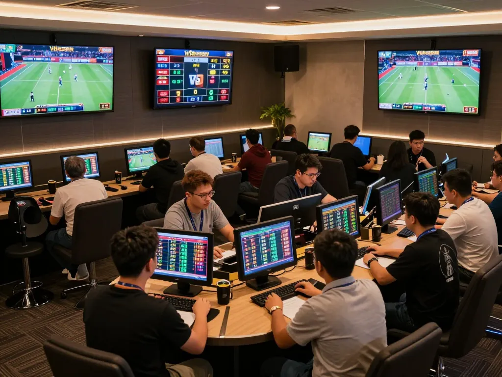 VB88 SPORT players engage in thrilling sports betting activity at a modern venue, showcasing excitement and real-time odds