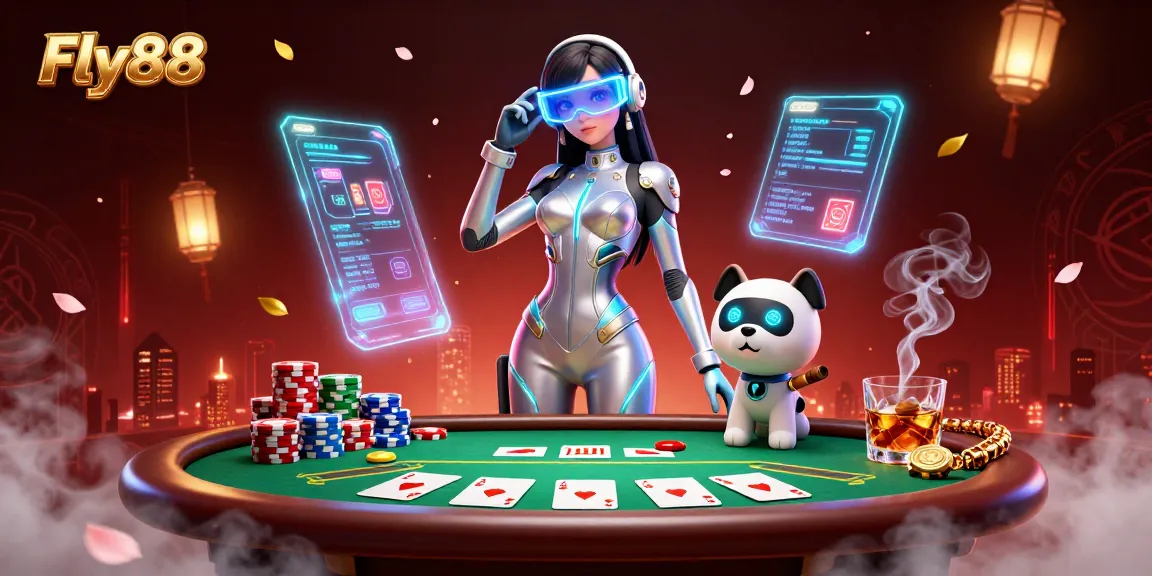 Engage in thrilling gambling at Fly88, featuring a stunning futuristic woman and a cartoon robot dog in a vibrant casino scene.