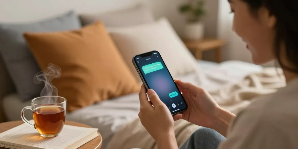 Sexting AI interaction in a cozy bedroom setting, showcasing digital intimacy in a warm atmosphere.