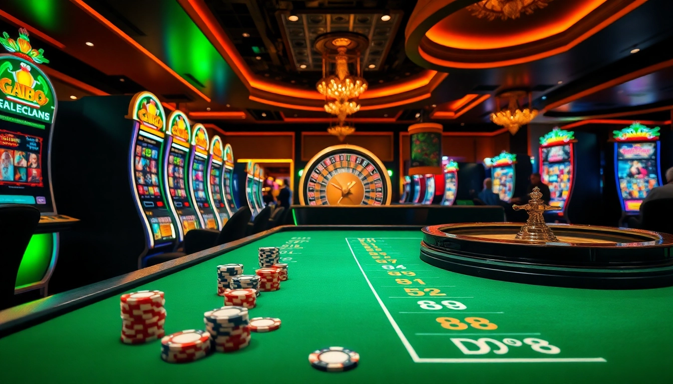 Gamblers celebrating wins at a DA88-themed casino table filled with poker chips and vibrant slot machines.