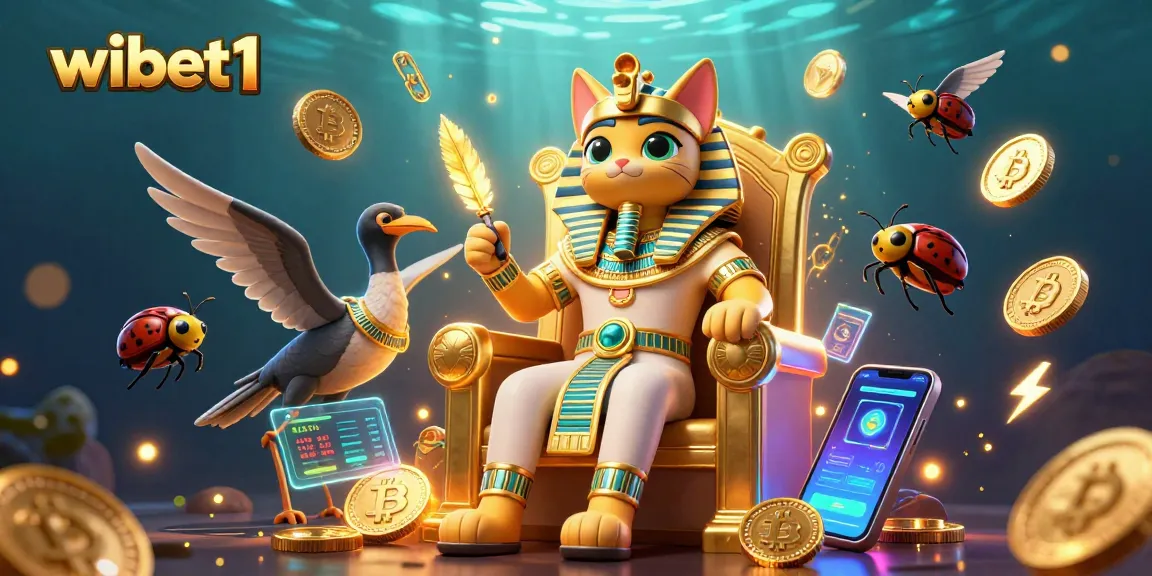 Engage with wibet1's vibrant Egyptian-themed gambling world featuring a pharaoh cat and crypto elements.