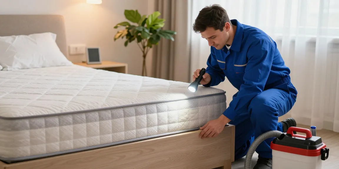 Bed bug exterminator inspecting bedroom seams for bed bug presence during treatment.