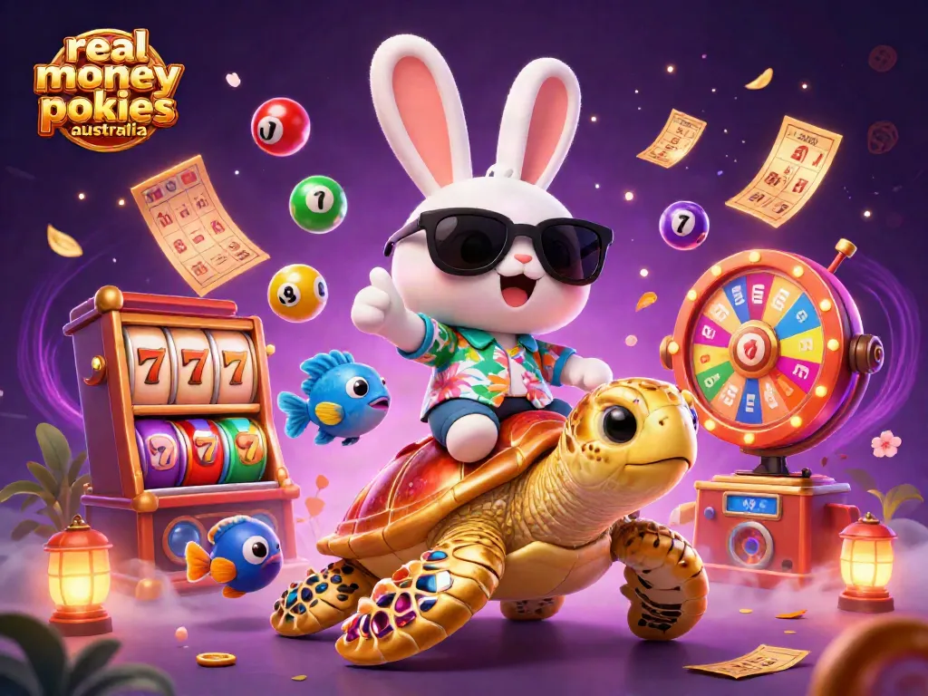 Spin real money online pokies Australia with vibrant 3D characters in a lively casino scene.