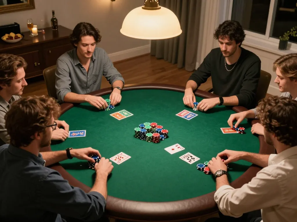Engaging scene of players at a private poker game, showcasing Nhà cái FC88 strategy in action.