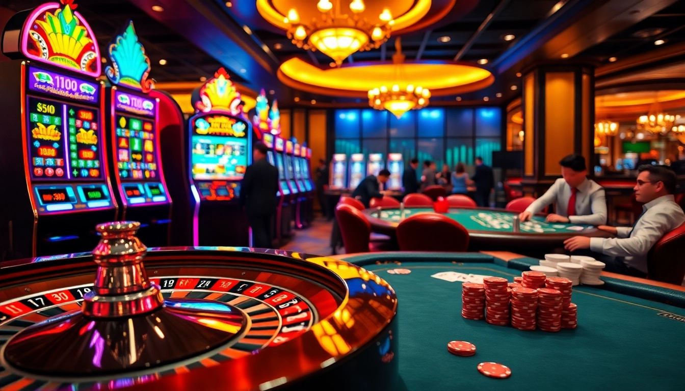 Bettors engaging with slot machines and poker tables at https://bem88.com, showcasing excitement in a luxurious casino.