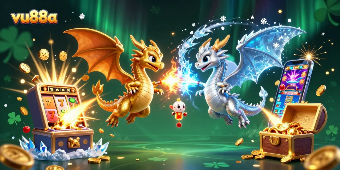 Experience excitement with vu88a's vibrant dragons and dynamic casino elements in 3D illustration.