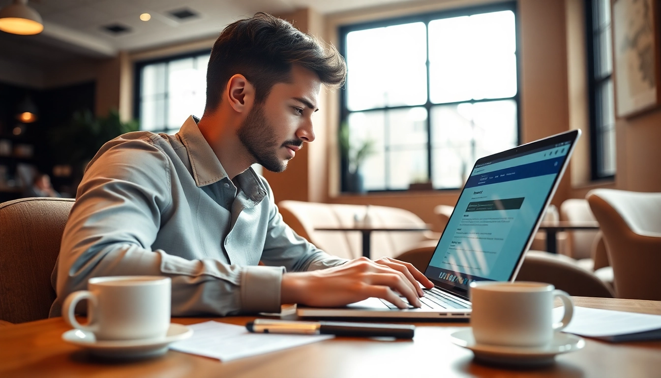 Person engaged in the uk eta online application process at a cafe, showcasing modern work environment.