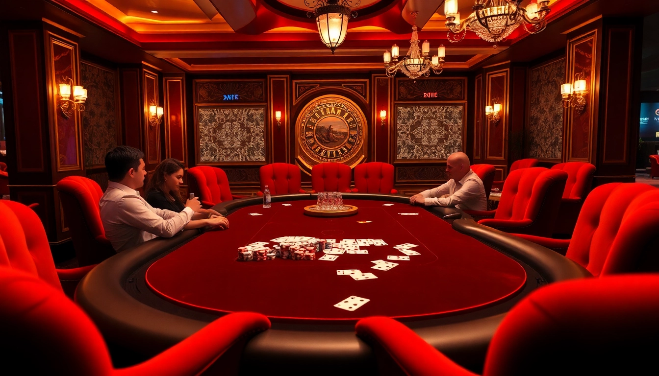 Gamblers engaging in an exciting poker game at Oxbet's luxurious casino.