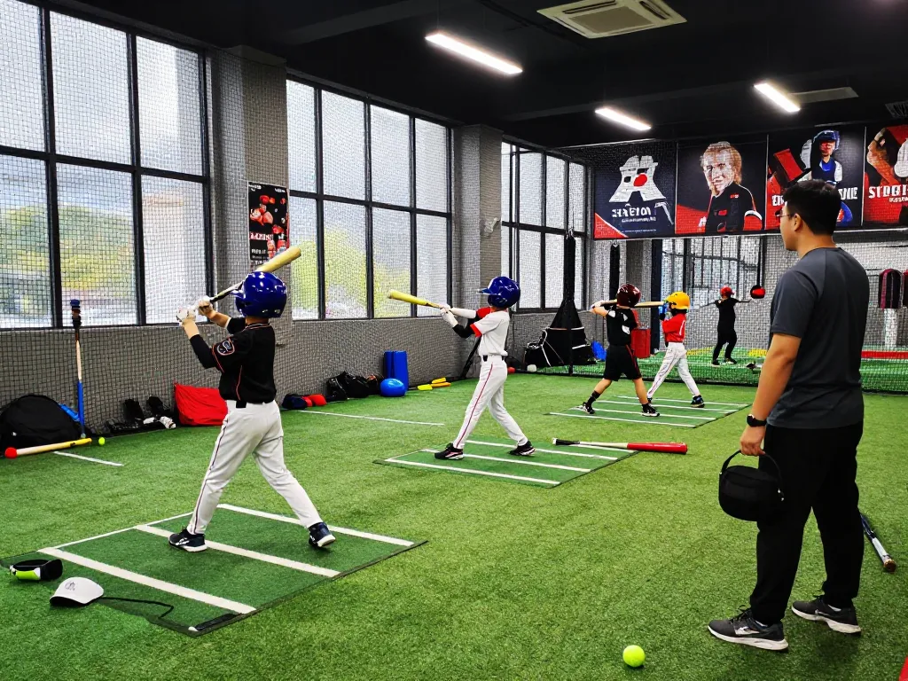 hitclub youth baseball training session in bright indoor facility with coaches, athletes, and equipment.