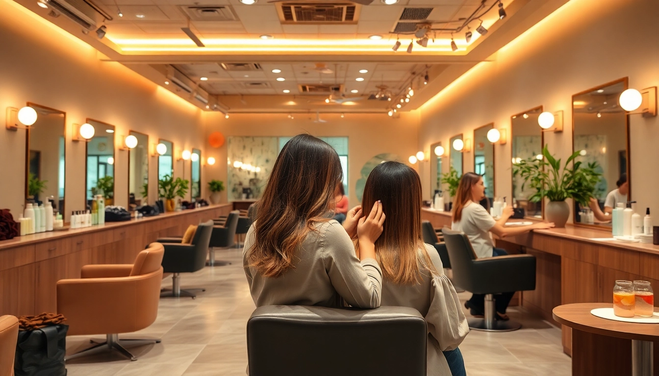 Omnia Salon interior showcasing professional hairstyling and eco-friendly Aveda products.