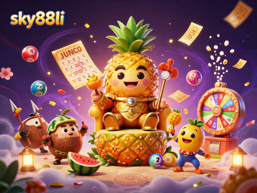 Engage with sky88li's vibrant casino adventure featuring a golden pineapple king and colorful gaming elements.