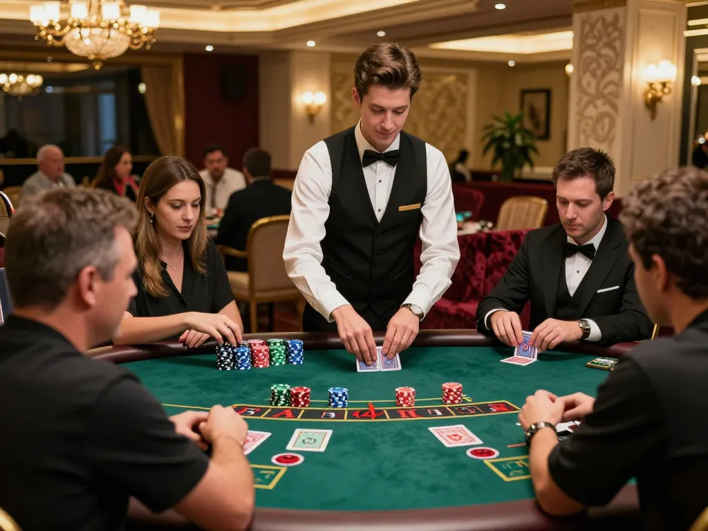 Players enjoying blackjack at me99 casino, showcasing a live dealer and elegant atmosphere.