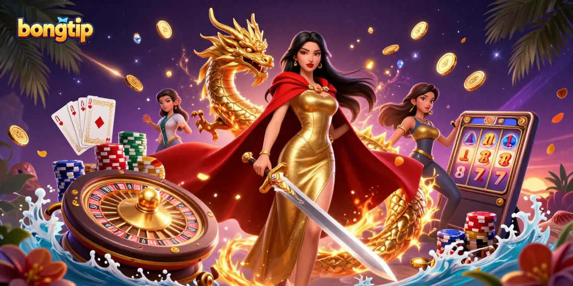 Bongtip showcases an enchanting Asian warrior queen surrounded by dynamic casino elements, embodying an exhilarating gaming atmosphere.