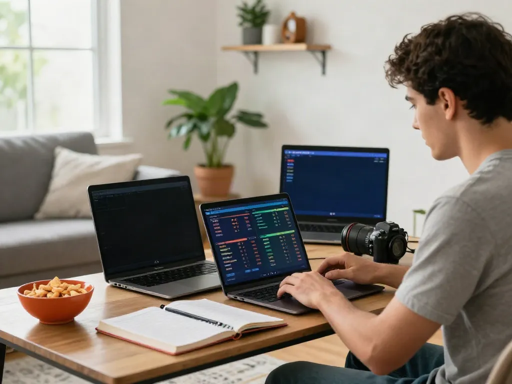 Engaged user on a laptop analyzing betting data at https://zbet.cymru/ in a bright living room.