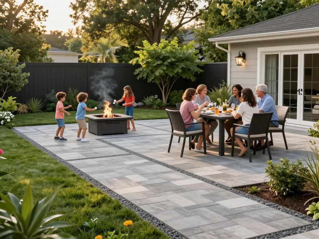 Beautiful paver installation near me showcasing an elegant backyard with children playing and adults dining.