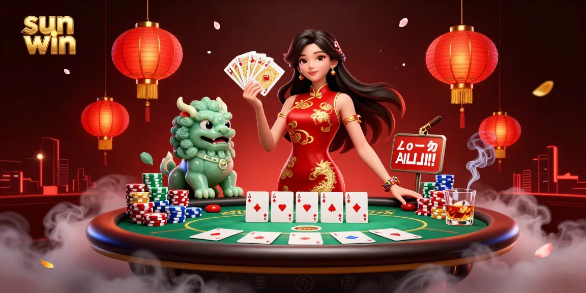 Engage in thrilling gameplay with sun win as an elegant woman holds golden playing cards surrounded by vibrant casino elements.