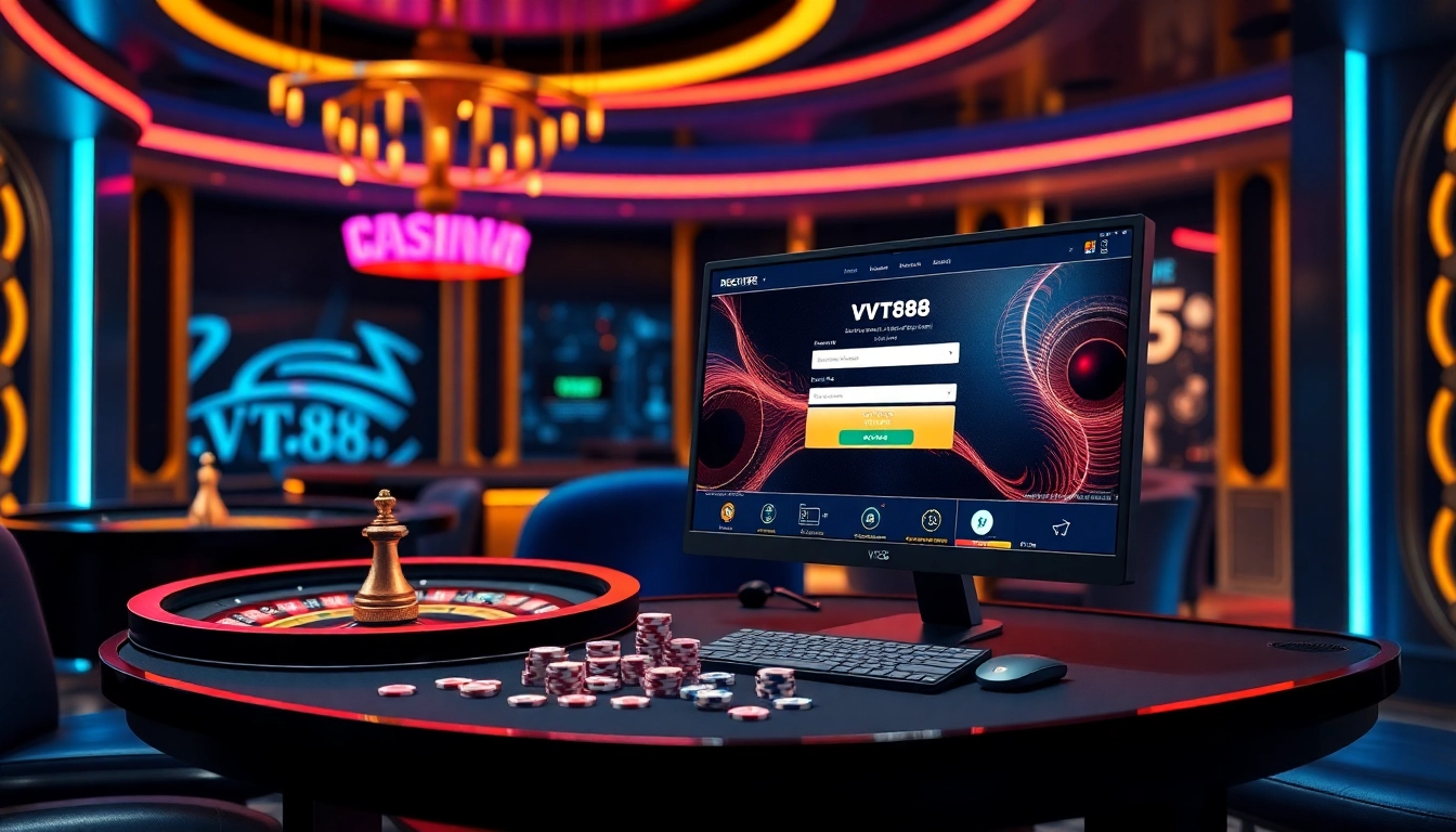 Engaging visual representing ĐĂNG KÝ VT88 on a high-end online gambling platform, featuring vibrant casino elements.