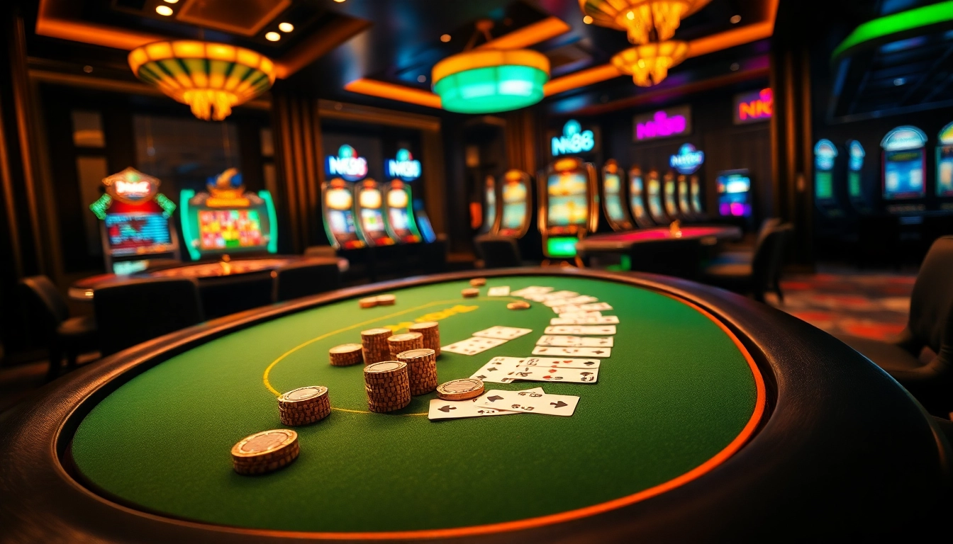 Players enjoy high-stakes blackjack at NK88 casino, showcasing an elegant game atmosphere.