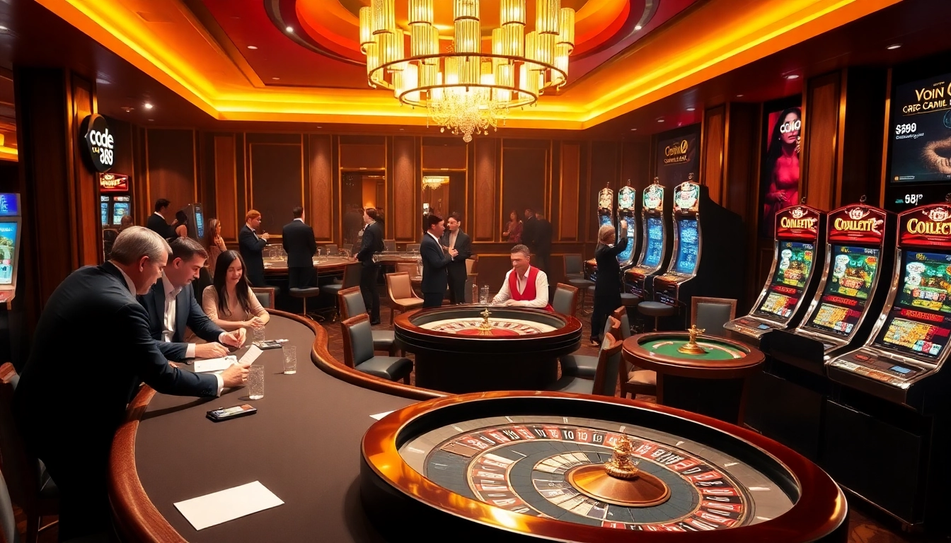Engaging casino scene showcasing code da88 with players at poker tables and vibrant slot machines.