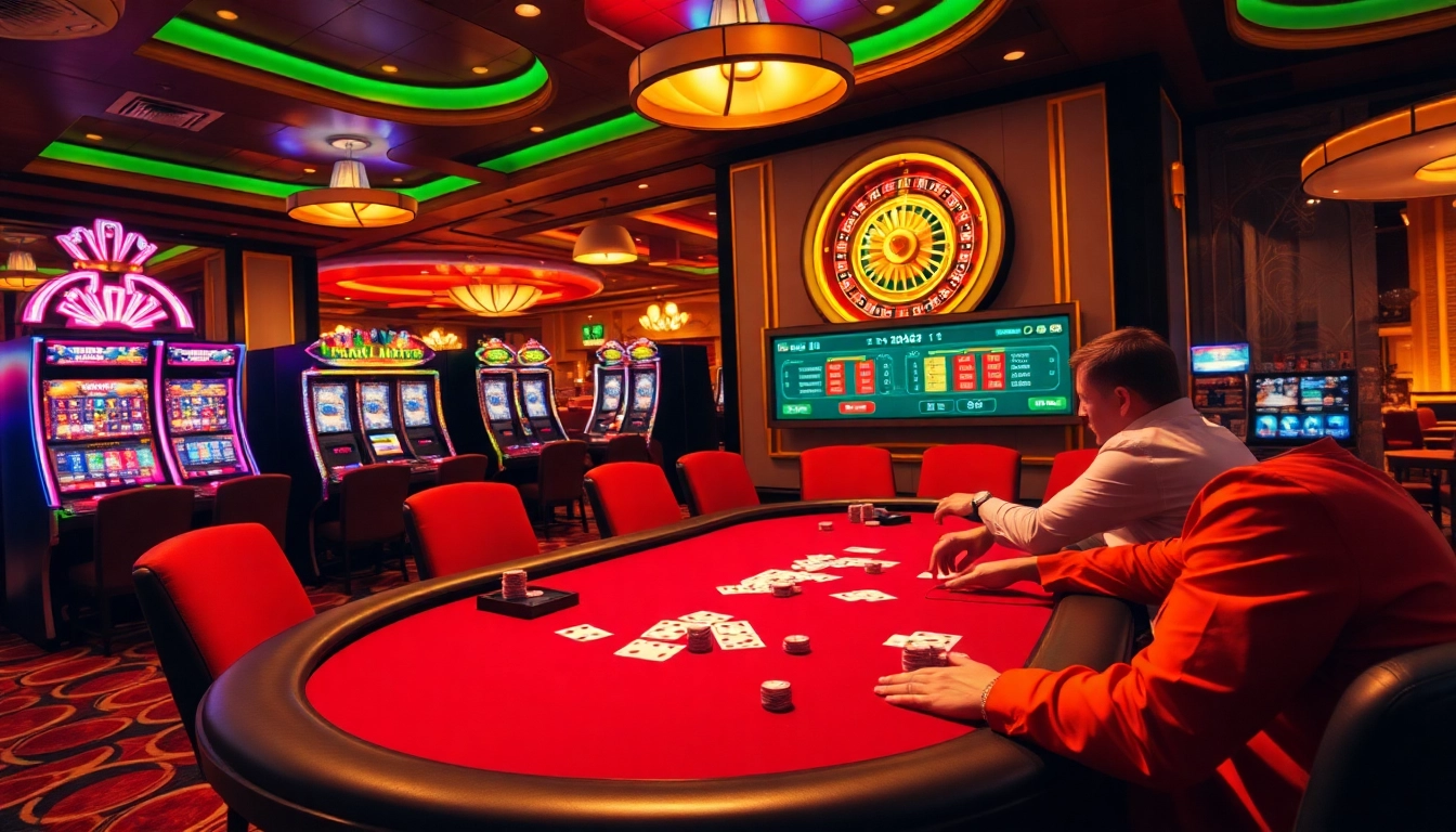 Engage with high-stakes poker at https://789p.gives/, surrounded by vibrant slot machines and roulette wheels.