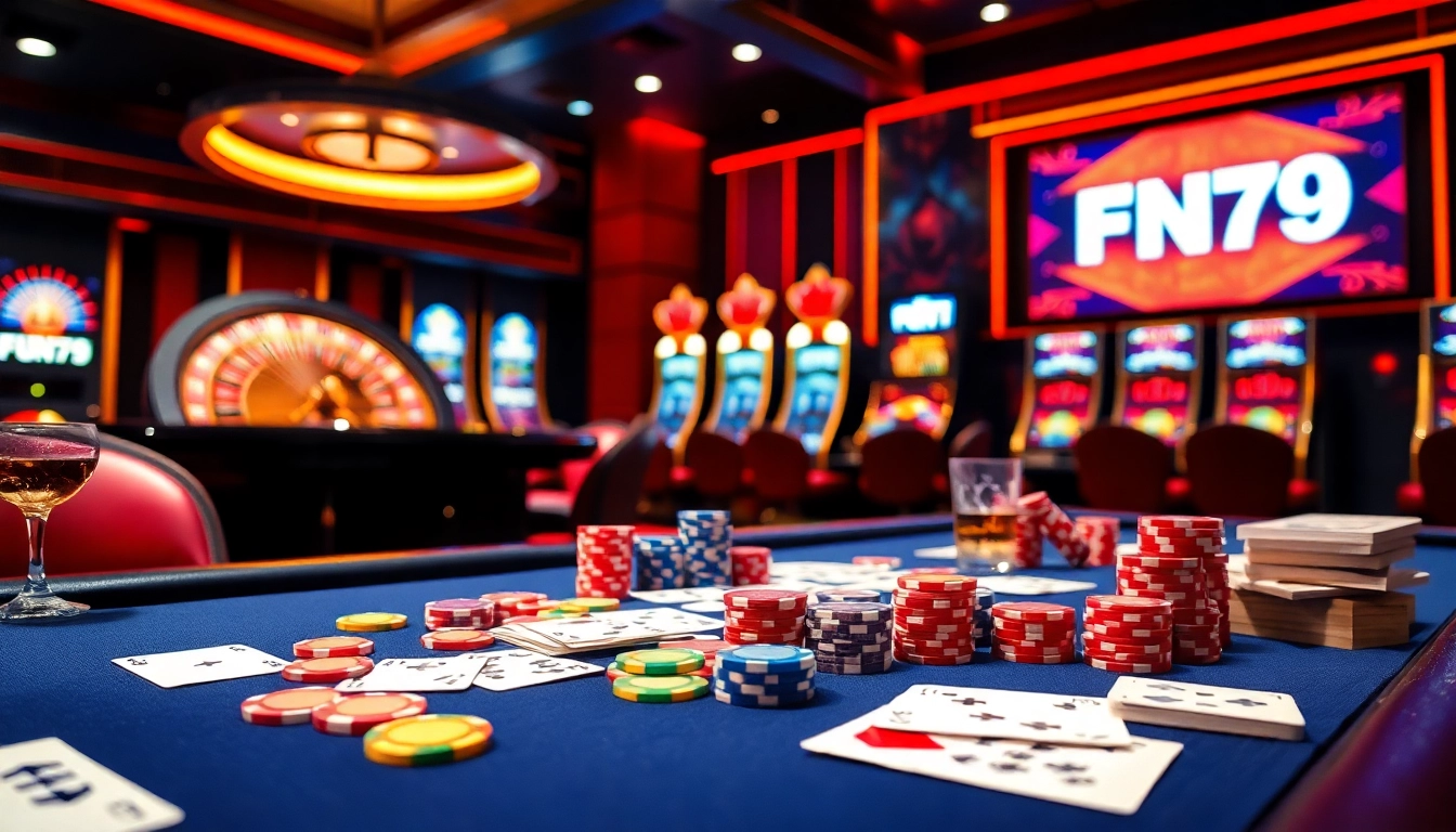 Experience high-stakes excitement with FUN79 at a luxurious poker table filled with chips and cards.
