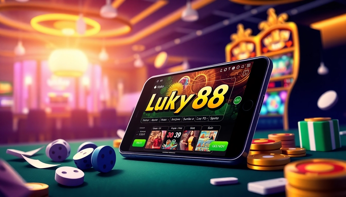 Experience the excitement of gambling with the Lucky88 app interface, showcasing vibrant casino elements.