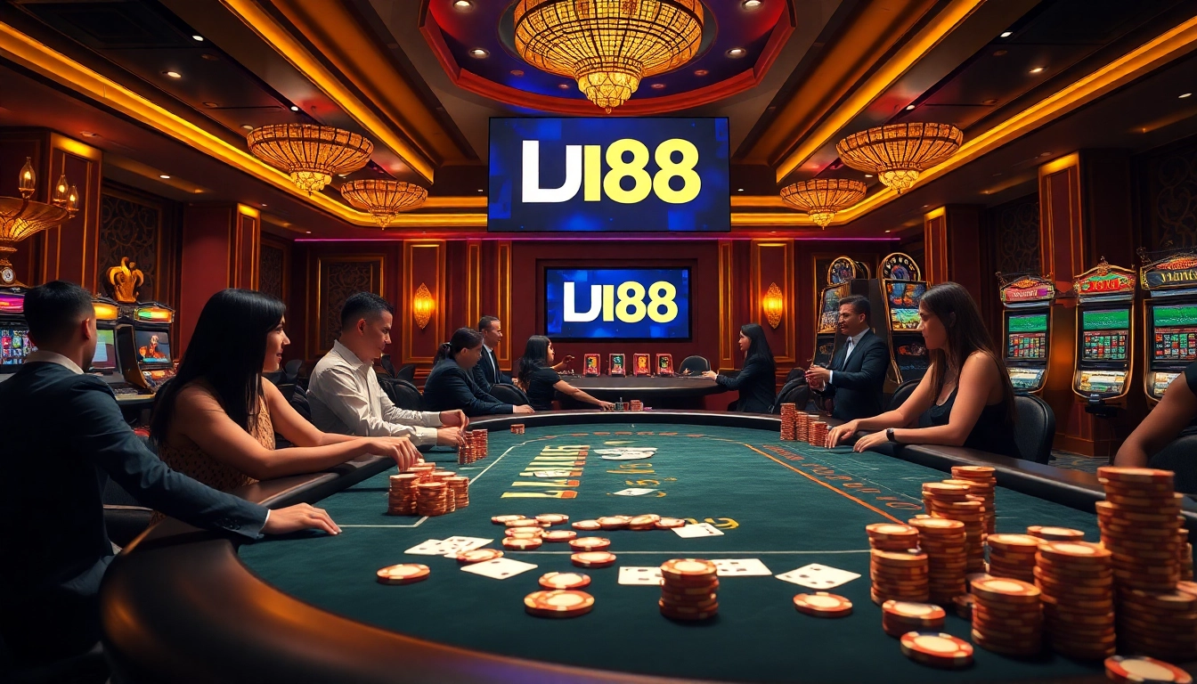 Engaged players enjoying casino gaming at UU88, showcasing vibrant poker table action.