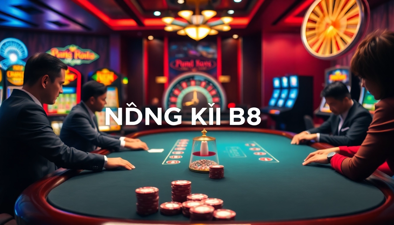 Experience the excitement of ĐĂNG KÝ B8 at a vibrant casino table filled with action-packed gambling elements.