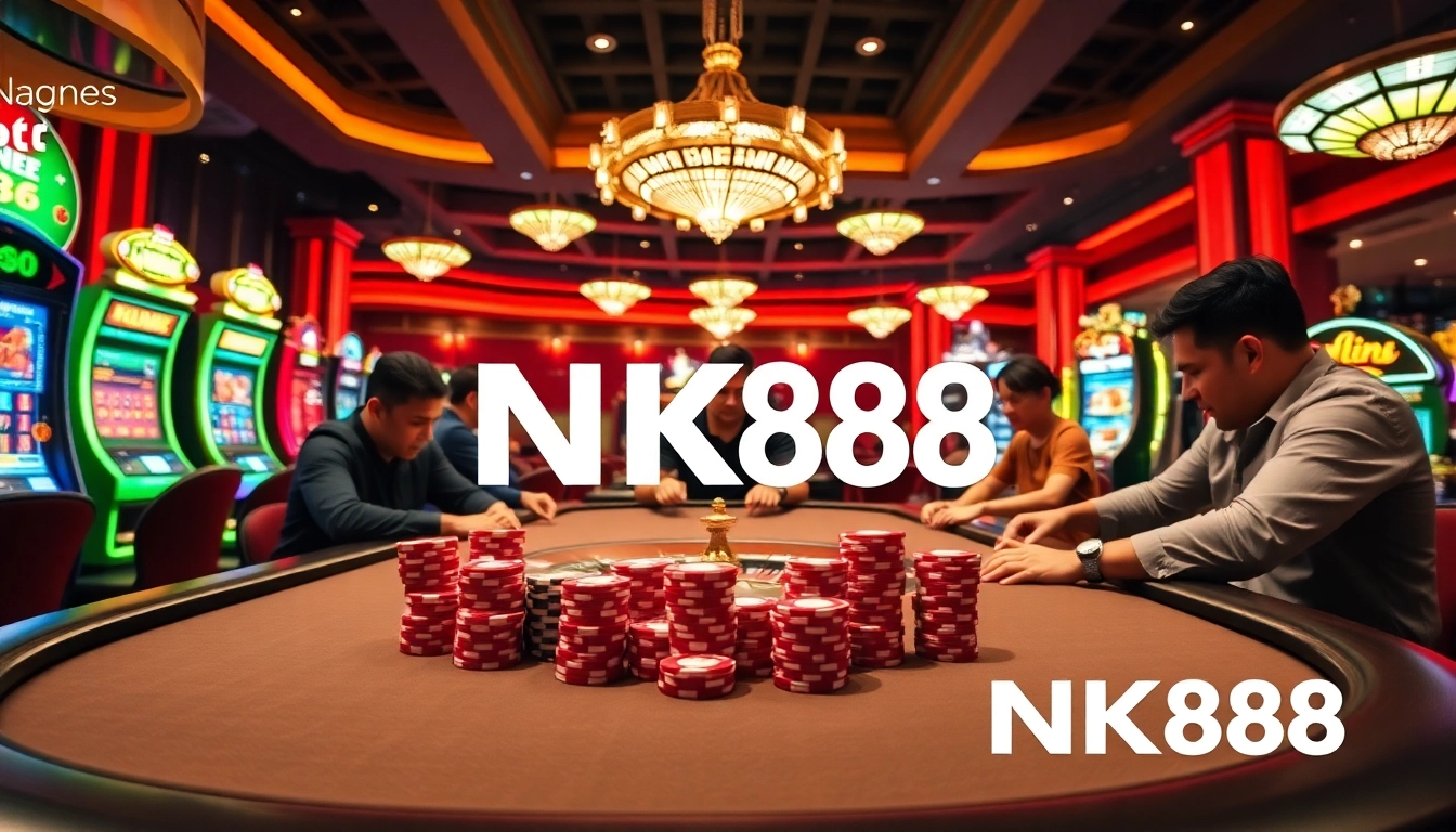 Experience excitement at NK88 poker table with vibrant casino atmosphere.