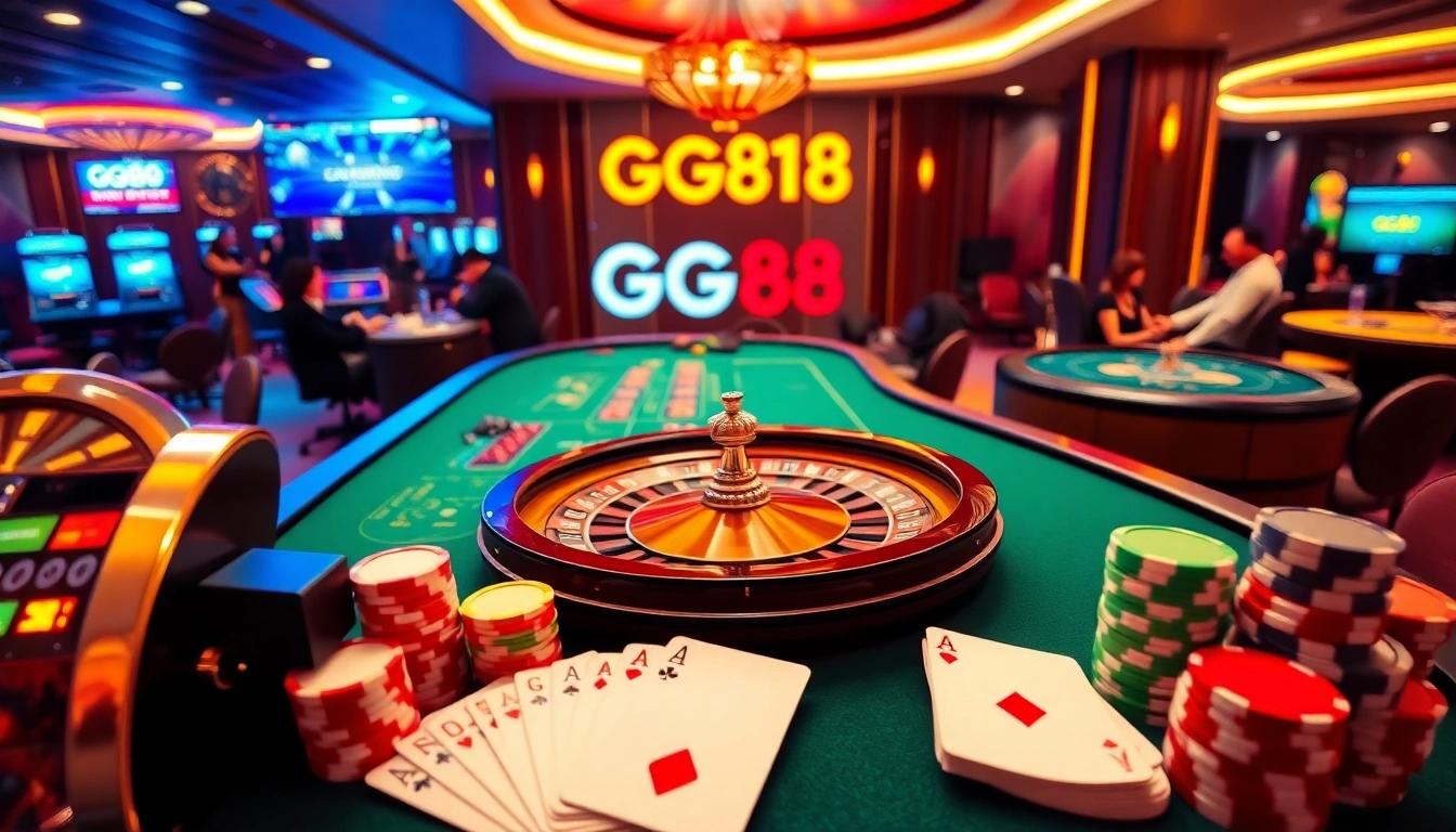 Betting excitement at GG88.work with poker chips, a roulette wheel, and vibrant casino elements.