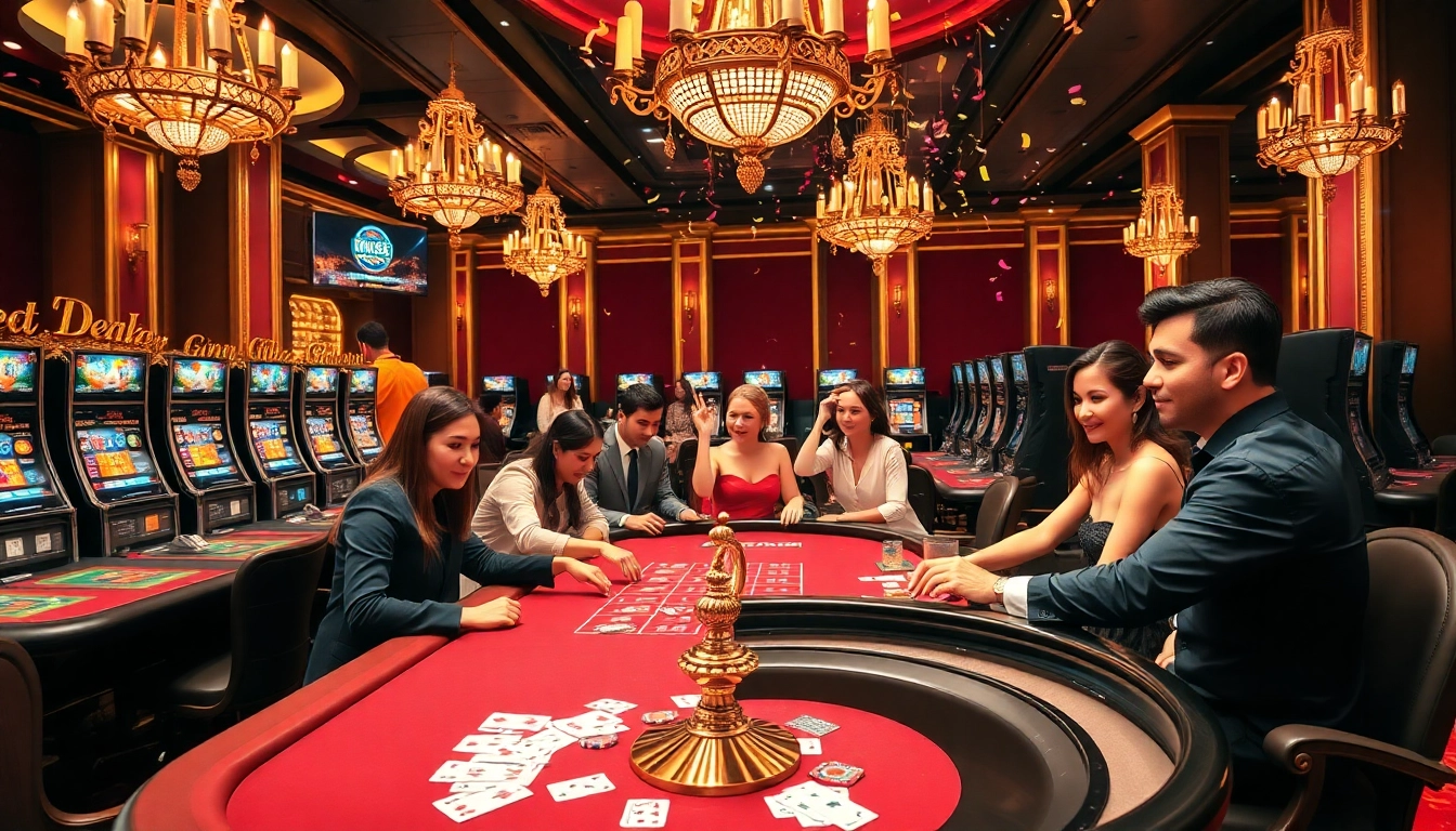 Excited players enjoying the thrill of UU88 CASINO with vibrant slot machines and poker tables.