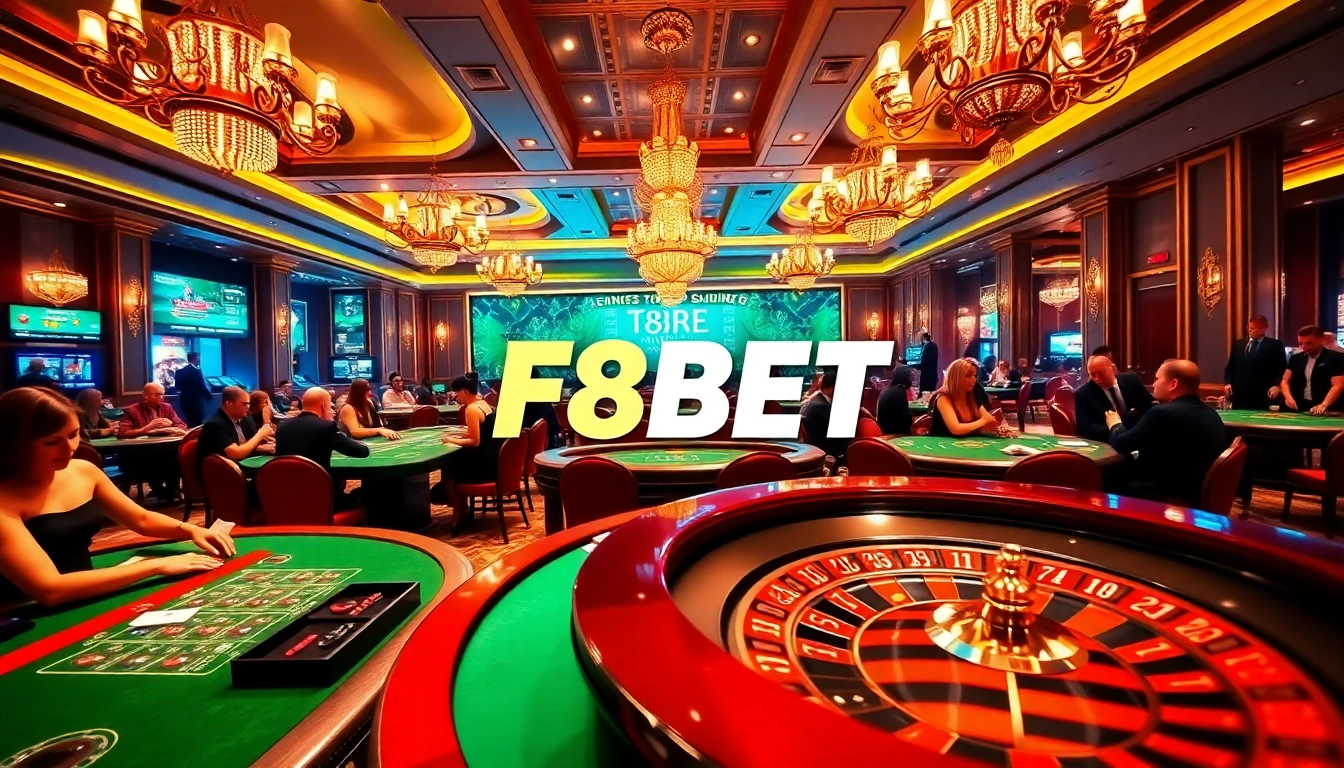 Engaged players at F8BET casino tables enjoying poker and roulette games in a vibrant atmosphere.