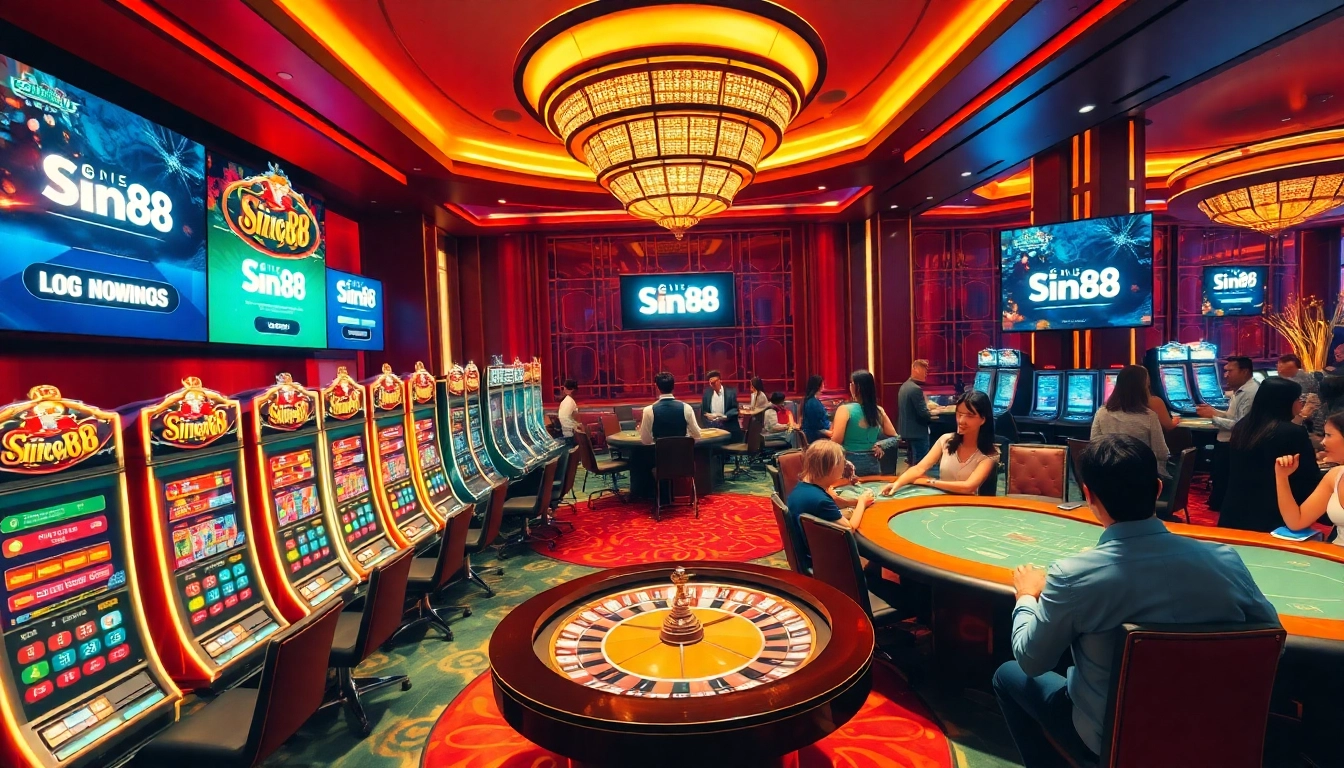 Engaging scene of players enjoying slots and poker while accessing sin88 đăng nhập, showcasing excitement in a casino setting.
