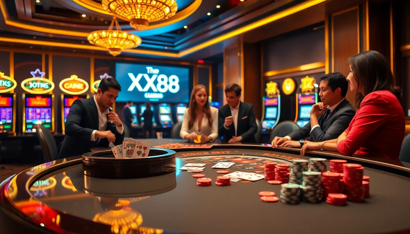 Experience the thrill of gaming at XX88 with vibrant poker chips and a luxurious casino atmosphere.