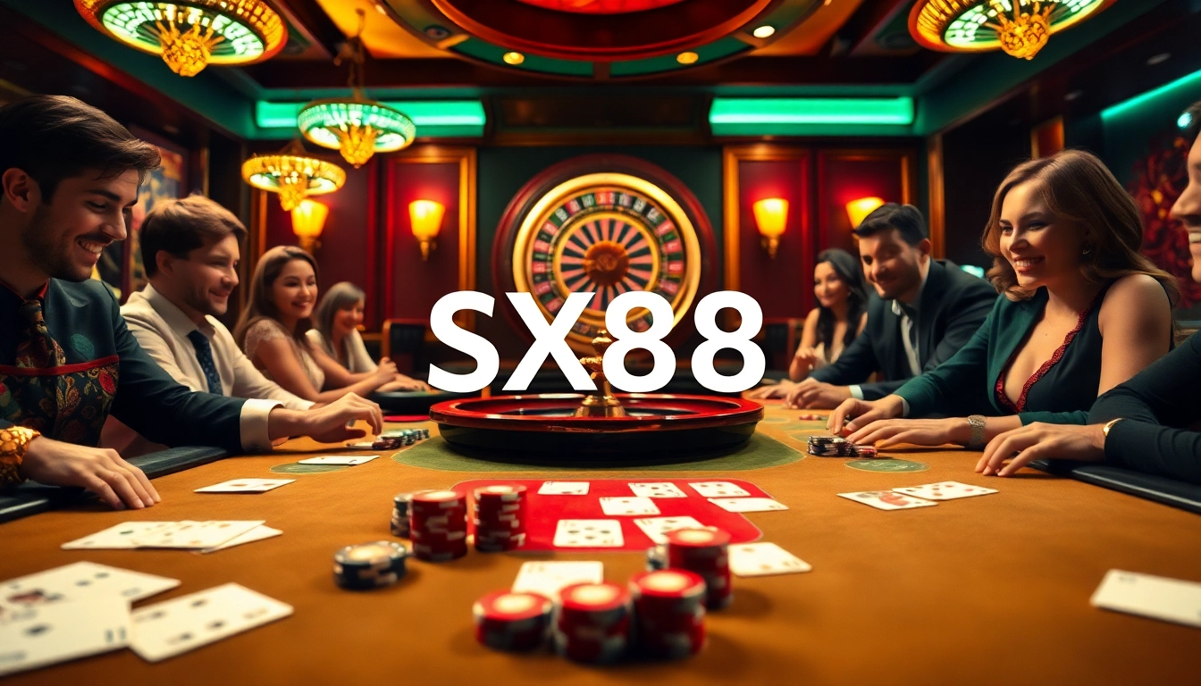 SX88 casino players engaged in a thrilling card game at a luxurious gambling table.